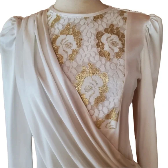 1970s Diamond's Run White & Gold Metallic Lace Dre - Picture 2 of 6